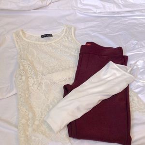 White lace tank top w/ sheer tank top, maroon slacks